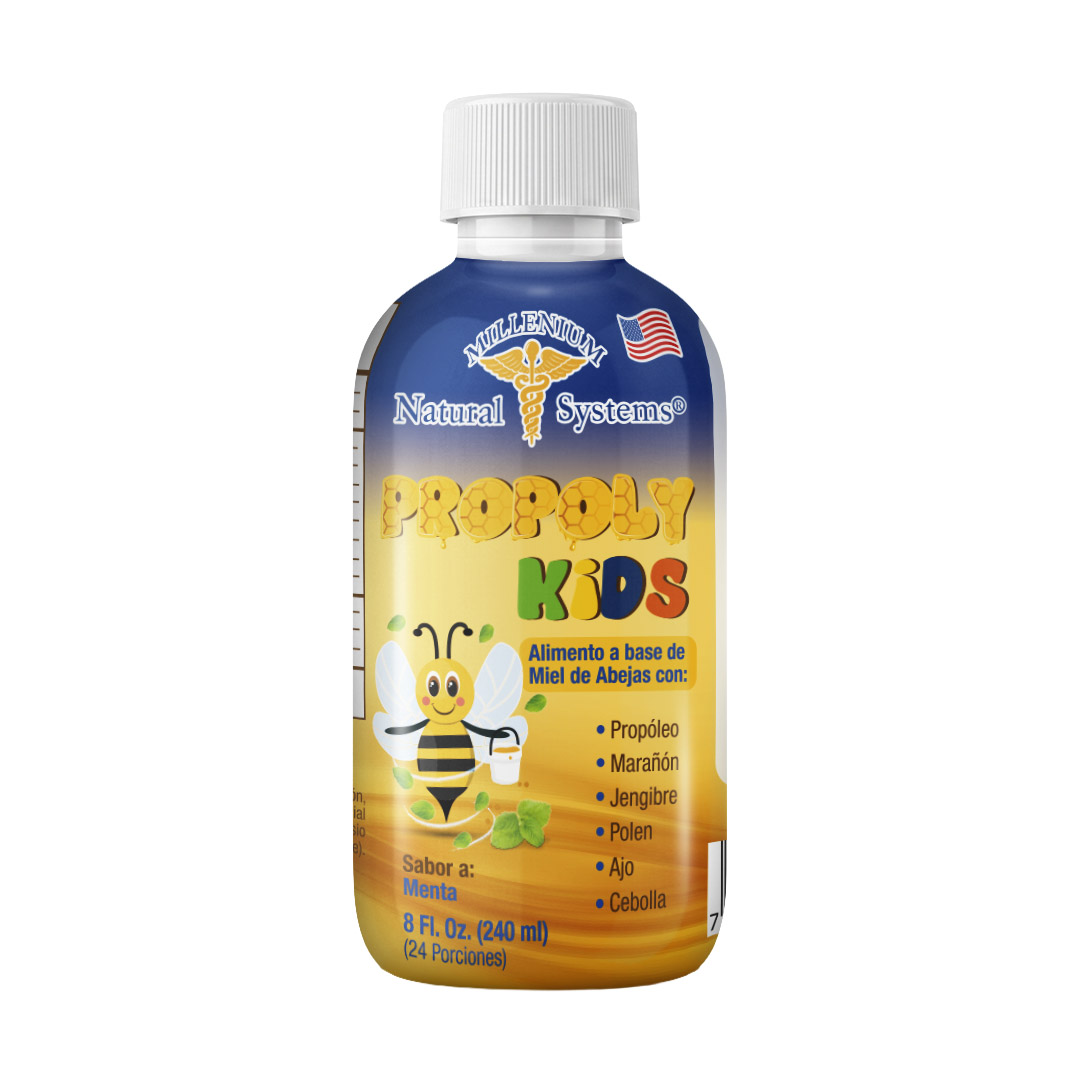 Frasco de Propoly Kids de Millenium Natural Systems (240 ml). Alimento a base de miel de abejas con propóleo, marañón, jengibre, polen, ajo y cebolla, sabor a menta.