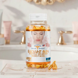 Frasco transparente con etiqueta blanca con dorado y tapa blanca del producto radiant skin con un par de softgels doradas a su lado sobre un meson de baño y fondo elegante desenfocado
