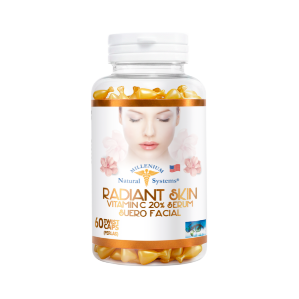 Frasco transparente con etiqueta blanca con dorado y tapa blanca del producto radiant skin