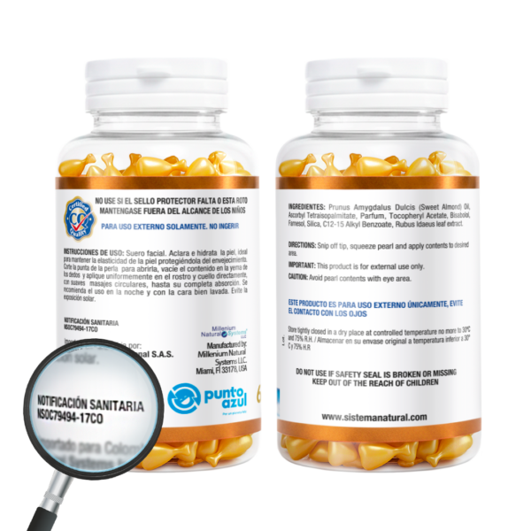 Frasco transparente con etiqueta blanca con dorado y tapa blanca del producto radiant skin mostrando la etiqueta de la parte trasera con una lupa resaltando la notificacion sanitaria