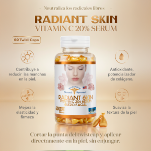 Frasco transparente con etiqueta blanca con dorado y tapa blanca del producto radiant skin con softgels doradas en su interior en un fondo de estudio dorado con informacion del modo de uso estilo infografia de producto
