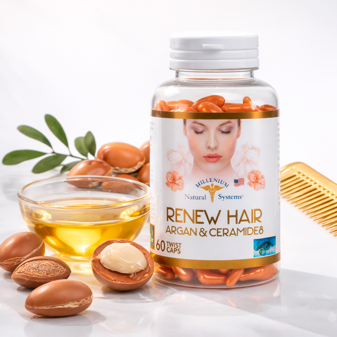 Frasco transparente con etiqueta blanca con dorado y tapa blanca del producto renew hair argan and ceramides con softgels naranjas en su interior en un fondo de estudio blanco con un frasco de aceite y frutos de argan al lado, atras hay un peine dorado