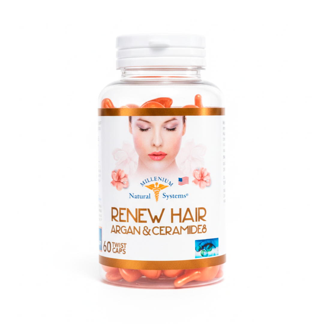 Frasco transparente con etiqueta blanca con dorado y tapa blanca del producto renew hair argan and ceramides