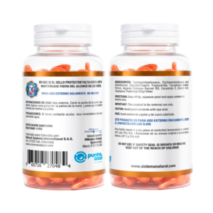 Frasco transparente con etiqueta blanca con dorado y tapa blanca del producto renew hair argan and ceramides con softgels naranjas en su interior en un fondo de estudio blanco con informacion sanitaria y de uso mostrando la etiqueta