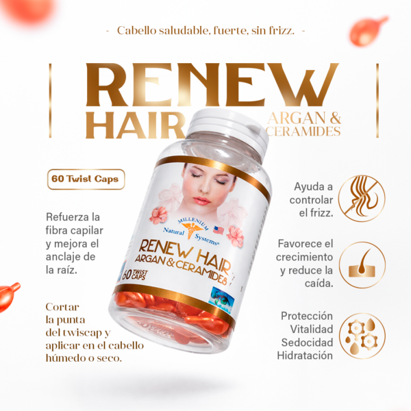 Frasco transparente con etiqueta blanca con dorado y tapa blanca del producto renew hair argan and ceramides con softgels naranjas en su interior en un fondo de estudio blanco con informacion del modo de uso estilo infografia de producto