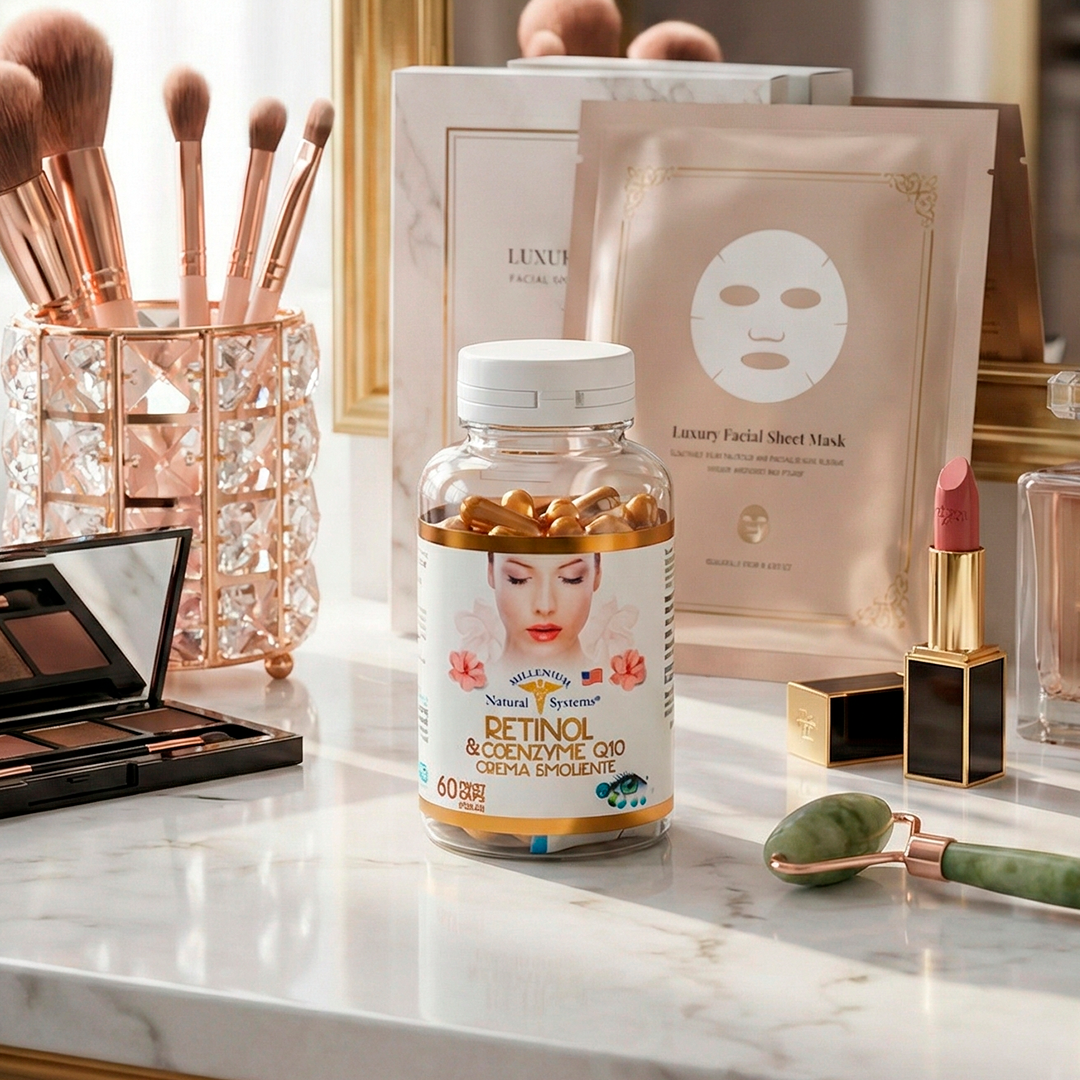 Frasco transparente con etiqueta blanca con dorado y tapa blanca del producto Retinol & Coenzime Q10 x 60 Twist Caps en una mesa marmolada y al rededor hay maquillaje, espejo, labial, rodillo, mascarilla, brochas