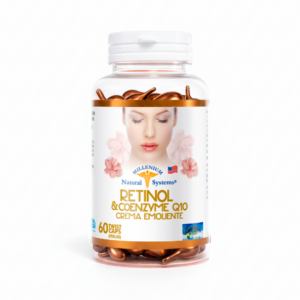 Frasco transparente con etiqueta blanca con dorado y tapa blanca del producto Retinol & Coenzime Q10 x 60 Twist Caps