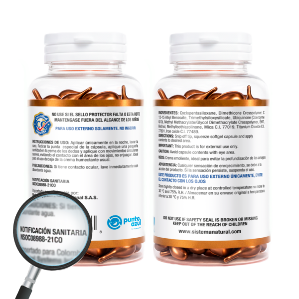 Frasco transparente con etiqueta blanca con dorado y tapa blanca del producto Retinol & Coenzime Q10 x 60 Twist Caps mostrando la etiqueta de la parte trasera con una lupa resaltando la notificacion sanitaria