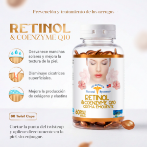 Frasco transparente con etiqueta blanca con dorado y tapa blanca del producto Retinol & Coenzime Q10 x 60 Twist Caps con softgels cobrizas en su interior en un fondo de estudio blanco con informacion del modo de uso estilo infografia de producto