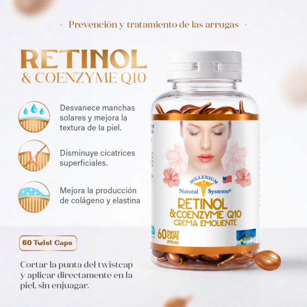 Frasco transparente con etiqueta blanca con dorado y tapa blanca del producto Retinol & Coenzime Q10 x 60 Twist Caps con softgels cobrizas en su interior en un fondo de estudio blanco con informacion del modo de uso estilo infografia de producto
