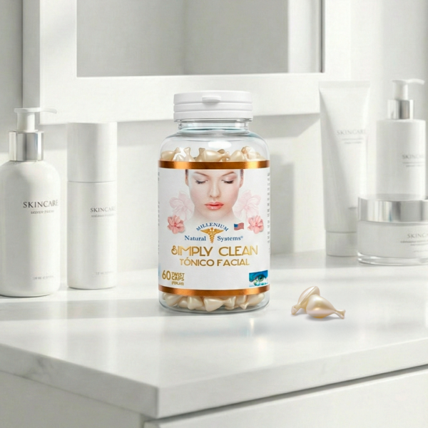 Frasco transparente con etiqueta blanca con dorado y tapa blanca del producto simply clean