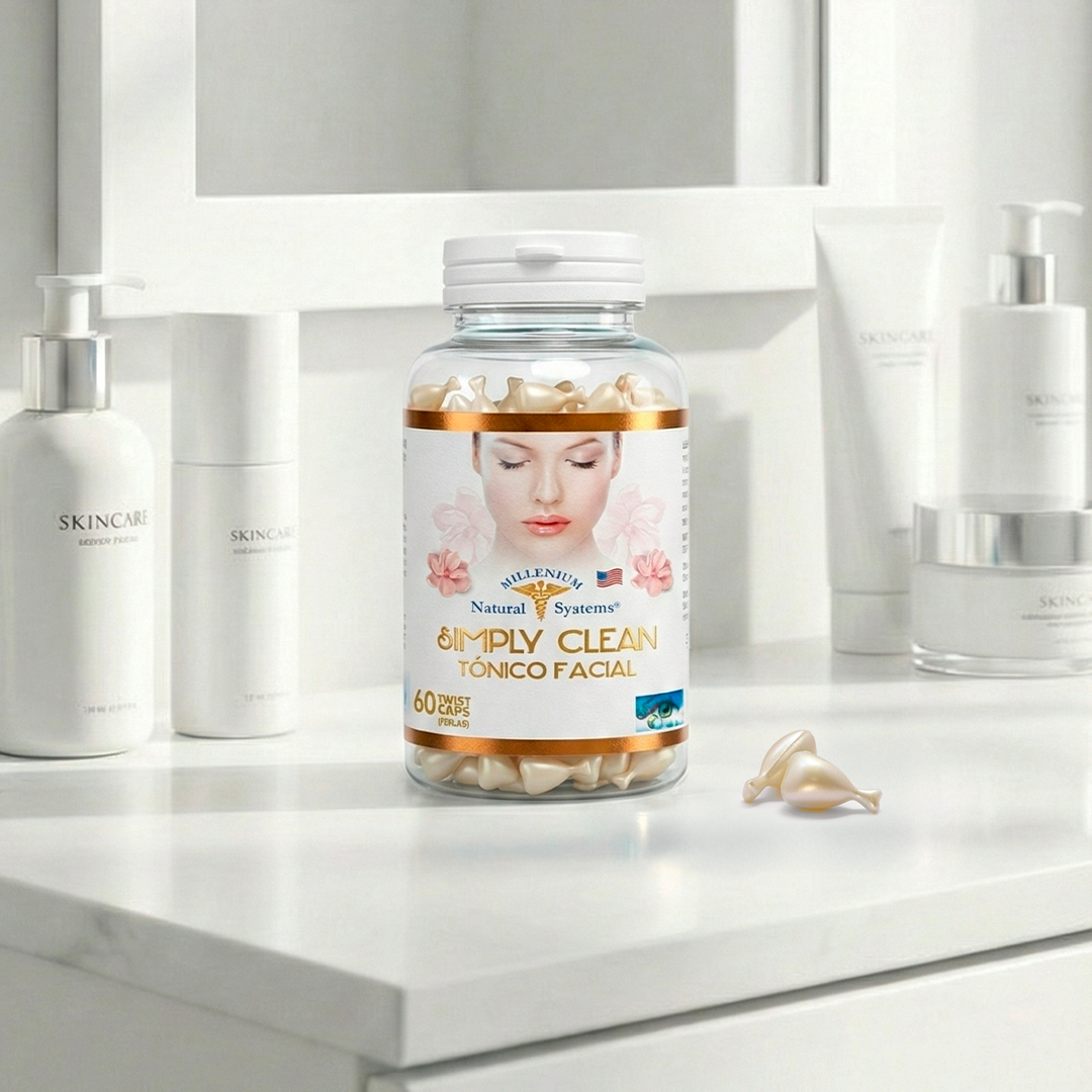 Frasco transparente con etiqueta blanca con dorado y tapa blanca del producto simply clean