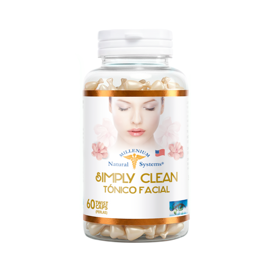 Frasco transparente con etiqueta blanca con dorado y tapa blanca del producto simply clean