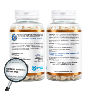 Frasco transparente con etiqueta blanca con dorado y tapa blanca del producto simply clean mostrando la etiqueta de la parte trasera con una lupa resaltando la notificacion sanitaria