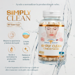 Frasco transparente con etiqueta blanca con dorado y tapa blanca del producto simply clean con una caida de agua a su alrededor en fondo gris plano con informacion del modo de uso estilo infografia de producto