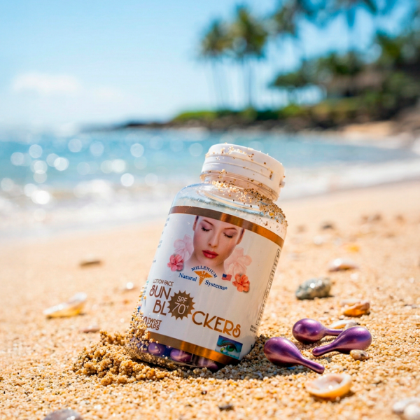 Frasco transparente con etiqueta blanca con dorado y tapa blanca del producto sun blockers parcialmente enterrado en la arena de una playa con fondo de mar, cielo y palmeras desenfocados