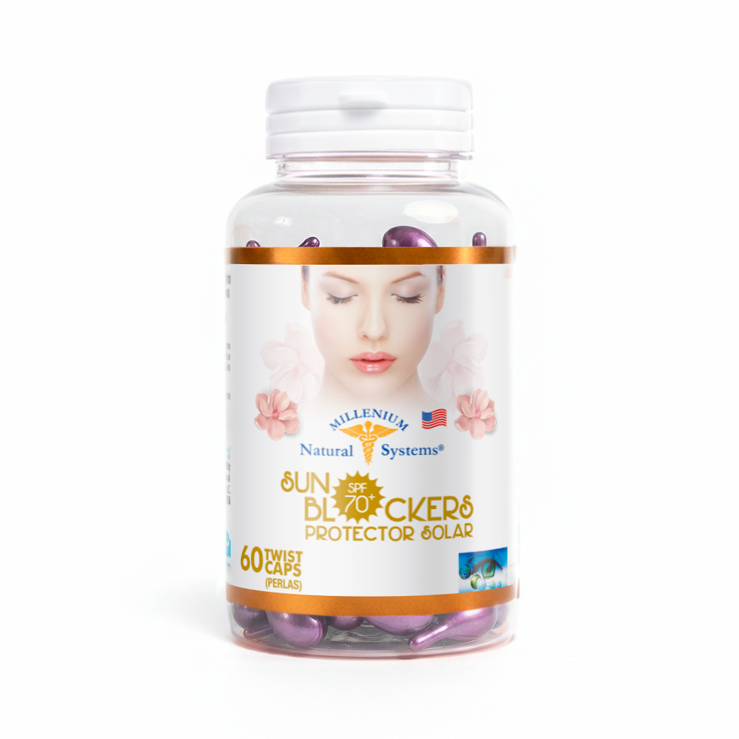 Frasco transparente con etiqueta blanca con dorado y tapa blanca del producto sun blockers