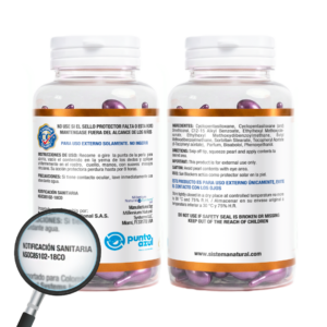 Frasco transparente con etiqueta blanca con dorado y tapa blanca del producto sun blockers mostrando la etiqueta de la parte trasera con una lupa resaltando la notificacion sanitaria