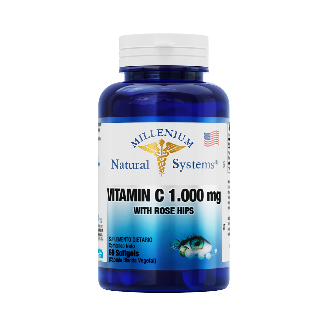 Frasco azul con tapa blanca de suplementos dietarios tiene una etiqueta blanca con metalizado del producto Vitamin C 1000 mg Rose Hips x 60 Softgels, de la marca Millenium Natural Systems con fondo blanco plano
