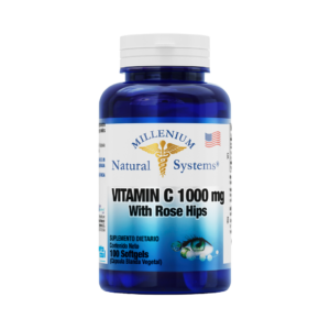 Frasco azul con tapa blanca de suplementos dietarios tiene una etiqueta blanca con metalizado del producto Vitamin C 1000 mg Rose Hips x 100 Softgels, de la marca Millenium Natural Systems con fondo blanco plano