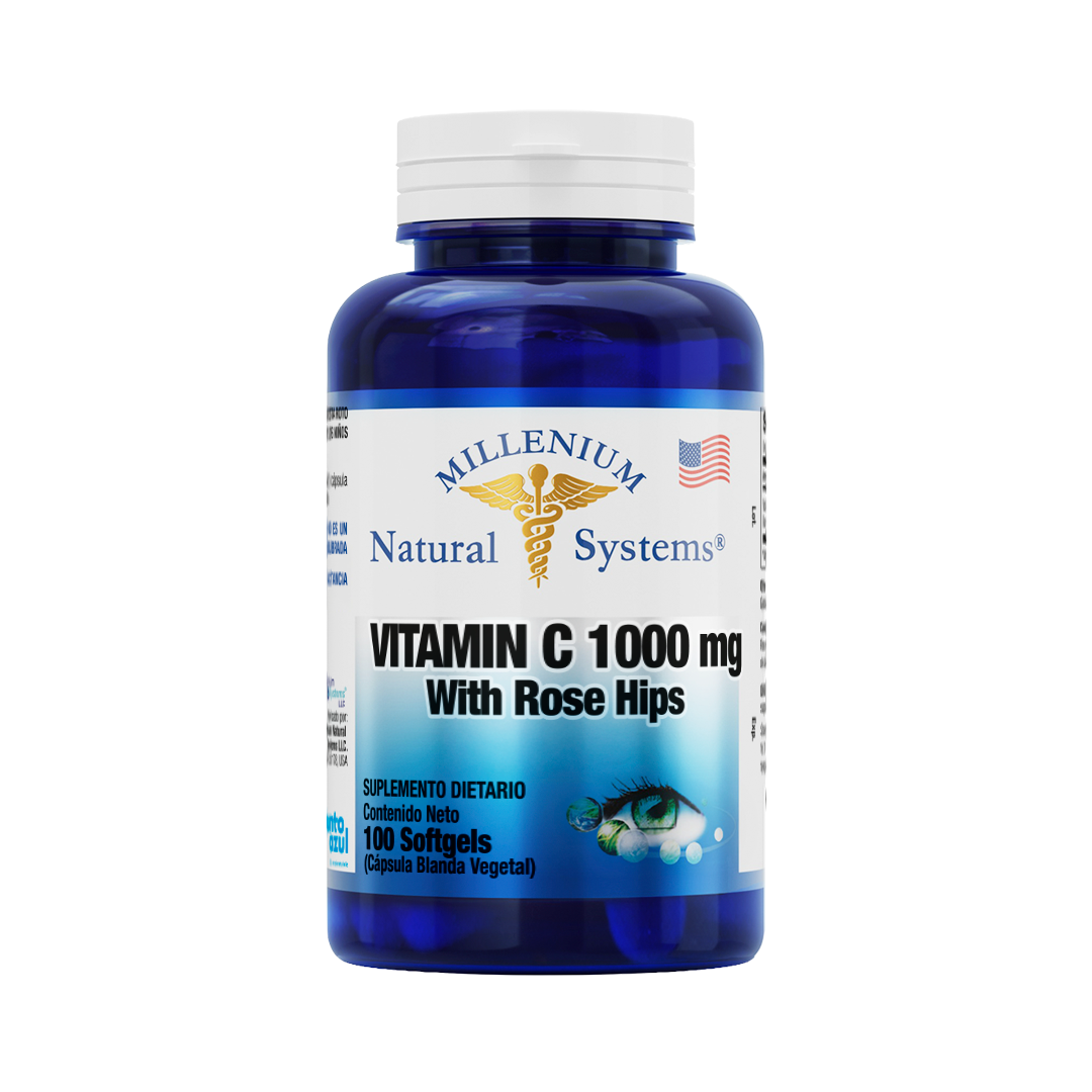 Frasco azul con tapa blanca de suplementos dietarios tiene una etiqueta blanca con metalizado del producto Vitamin C 1000 mg Rose Hips x 100 Softgels, de la marca Millenium Natural Systems con fondo blanco plano