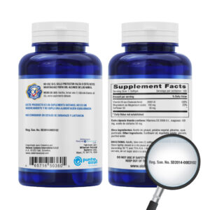 Etiqueta posterior del suplemento Vitamina D3 con Magnesio de Natural Systems, mostrando ingredientes, modo de uso y destacando con una lupa el Registro Sanitario SD2014-0003102.