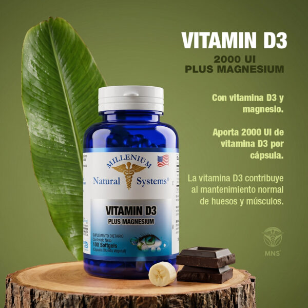 Infografía del suplemento Vitamin D3 2000 UI Plus Magnesium de Millenium Natural Systems. El texto indica: Con vitamina D3 y magnesio. Aporta 2000 UI de vitamina D3 por cápsula. La vitamina D3 contribuye al mantenimiento normal de huesos y músculos. Frasco de 100 softgels sobre un tronco de madera.