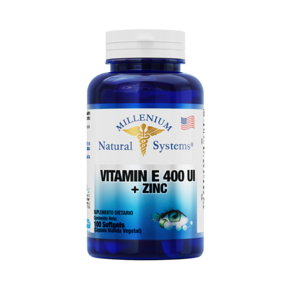 Infografia-Vitamin-E-400-UI-+-Zinc-x-100-SoftgelsFRASCO-FRONTAL-cuadrada-web Frasco azul con tapa blanca de suplementos dietarios tiene una etiqueta blanca con metalizado del producto Vitamin E 400 UI + Zinc x 100 Softgels, de la marca Millenium Natural Systems con fondo blanco plano