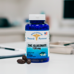 Frasco azul con tapa blanca de suplementos dietarios tiene una etiqueta blanca con metalizado del producto Zinc Gluconate 120 mg x 100 Softgels, de la marca Millenium Natural Systems con fondo desenfocado de consultorio medico en escritorio con softgels café