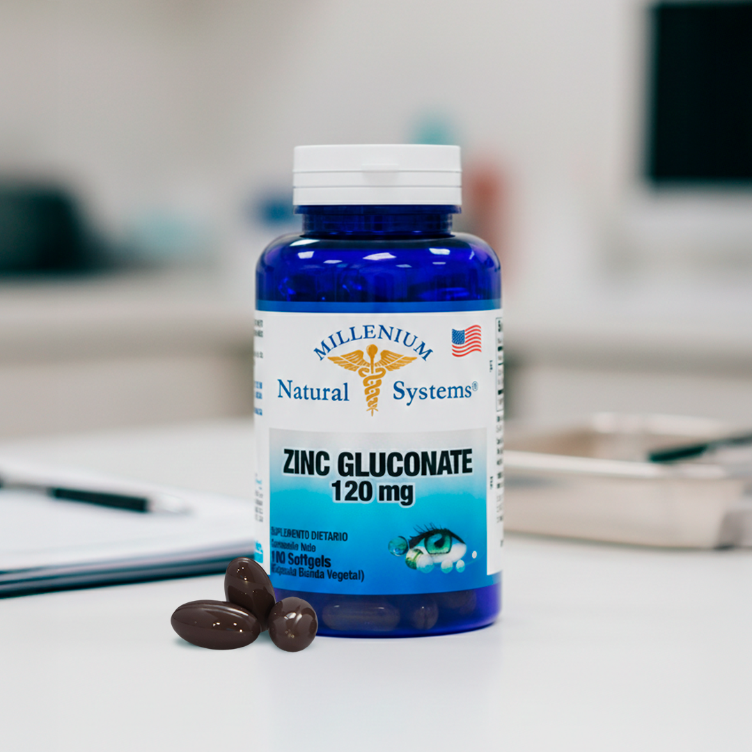 Frasco azul con tapa blanca de suplementos dietarios tiene una etiqueta blanca con metalizado del producto Zinc Gluconate 120 mg x 100 Softgels, de la marca Millenium Natural Systems con fondo desenfocado de consultorio medico en escritorio con softgels café