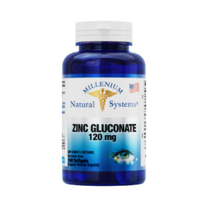 Frasco azul con tapa blanca de suplementos dietarios tiene una etiqueta blanca con metalizado del producto Zinc Gluconate 120 mg x 100 Softgels, de la marca Millenium Natural Systems con fondo blanco plano