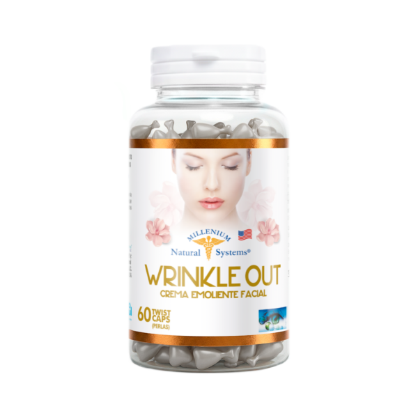 Frasco transparente con etiqueta blanca con dorado y tapa blanca del producto wrinkle out x 60 Twist Caps