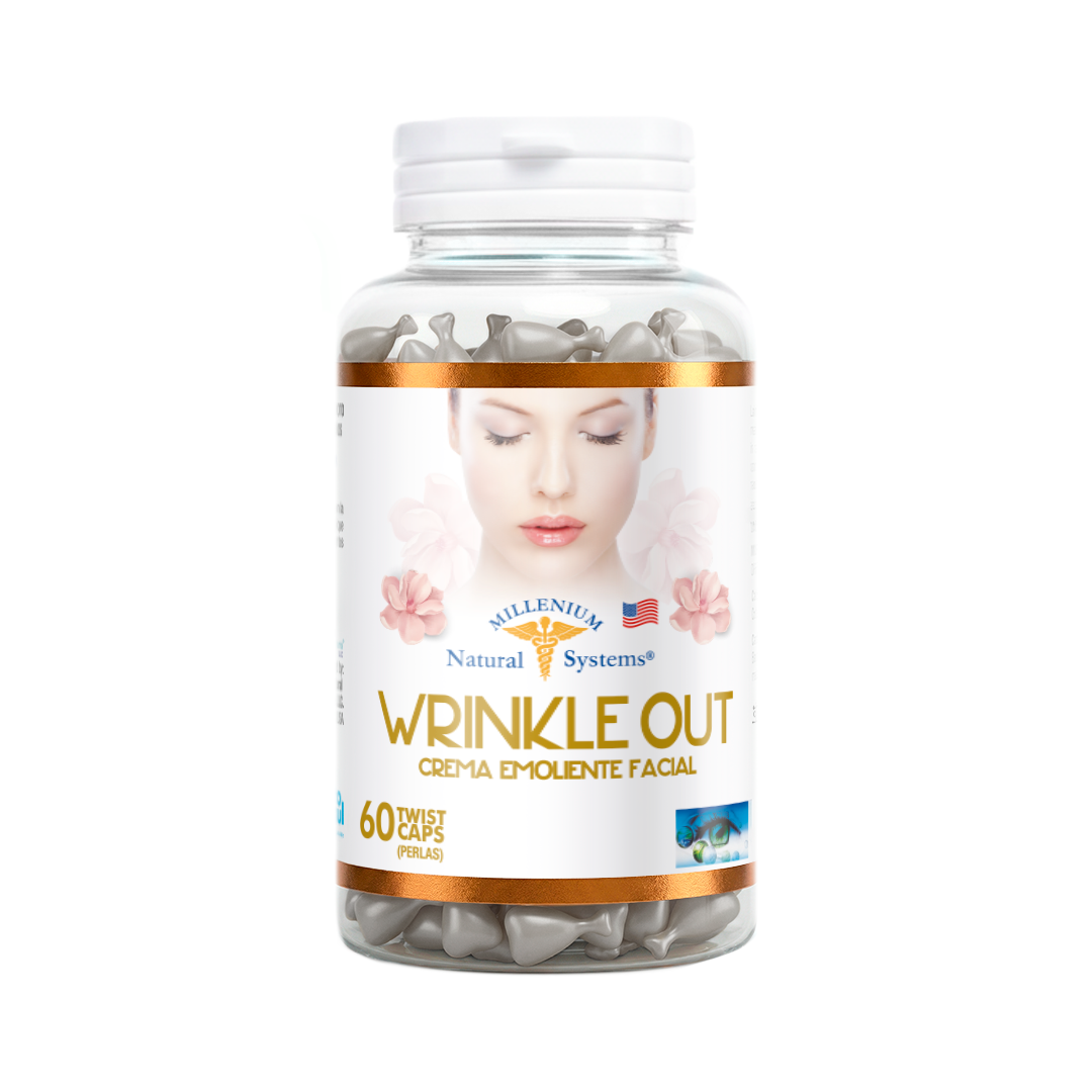 Frasco transparente con etiqueta blanca con dorado y tapa blanca del producto wrinkle out x 60 Twist Caps
