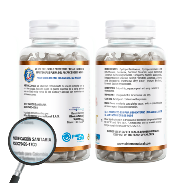 Frasco transparente con etiqueta blanca con dorado y tapa blanca del producto wrinkle out x 60 Twist Caps mostrando la etiqueta de la parte trasera con una lupa resaltando la notificacion sanitaria