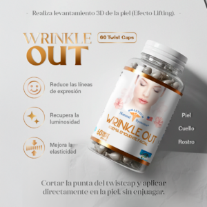 Frasco transparente con etiqueta blanca con dorado y tapa blanca del producto wrinkle out x 60 Twist Caps y fondo gris de estudio con sombras mostrando informacion del producto tipo infografia