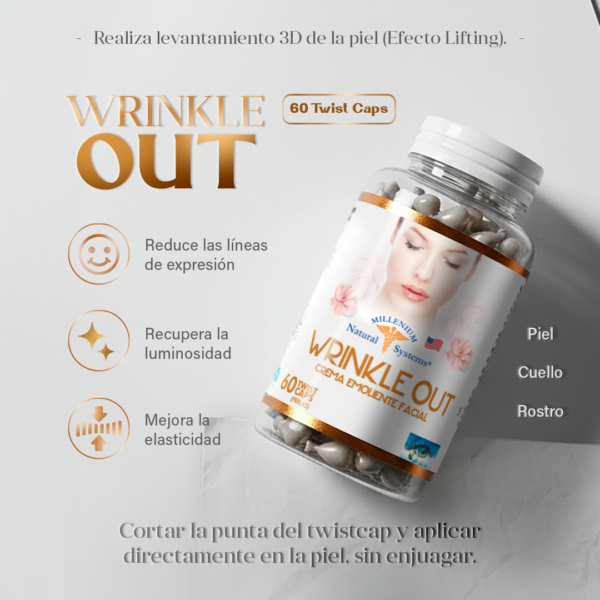 Frasco transparente con etiqueta blanca con dorado y tapa blanca del producto wrinkle out x 60 Twist Caps y fondo gris de estudio con sombras mostrando informacion del producto tipo infografia