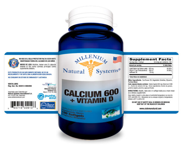 Calcium 600 + Vitamin D x 100 Softgels - Millenium Natural Systems