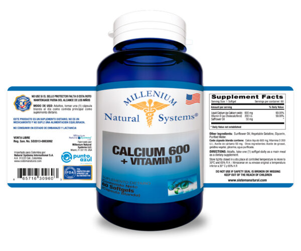 Calcium 600 + Vitamin D x 60 Softgels - Millenium Natural Systems