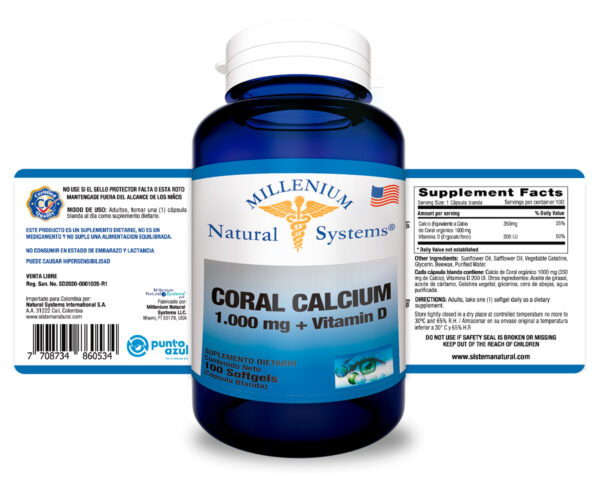 Coral Calcium 1000 mg + Vitamin D x 100 Softgels - Millenium Natural Systems