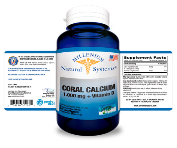 Coral Calcium 1000 mg + Vitamin D x 60 Softgels - Millenium Natural Systems
