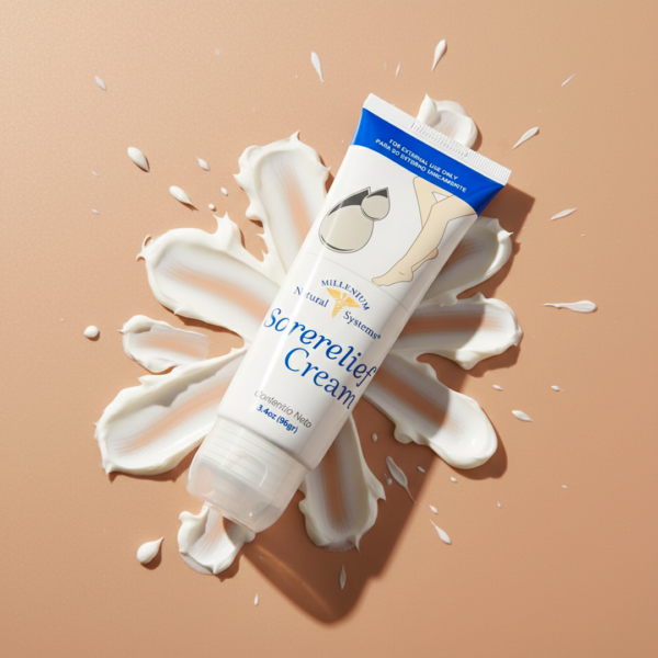 Sorelief-Cream-3.4-Oz- Millenium-Natural-Systems sobre crema dibujando una estrella en un fondo beige cafe plano