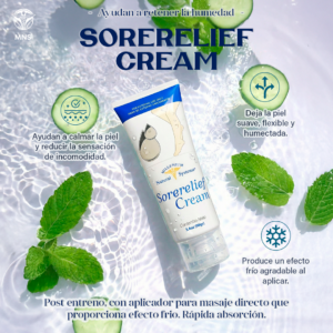 Sorelief-Cream-3.4-Oz- Millenium-Natural-Systems en un fondo acuoso con pepinos y menta con informacion de infografia