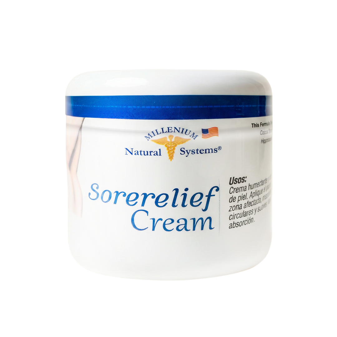 Sorelief-Cream-3.4-Oz- Millenium-Natural-Systems frasco frontal en fondo blanco plano