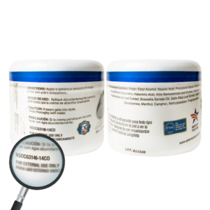Dos frascos de Sorelief-Cream-3.4-Oz- Millenium-Natural-Systems mostrando la informacion sanitaria con una lupa