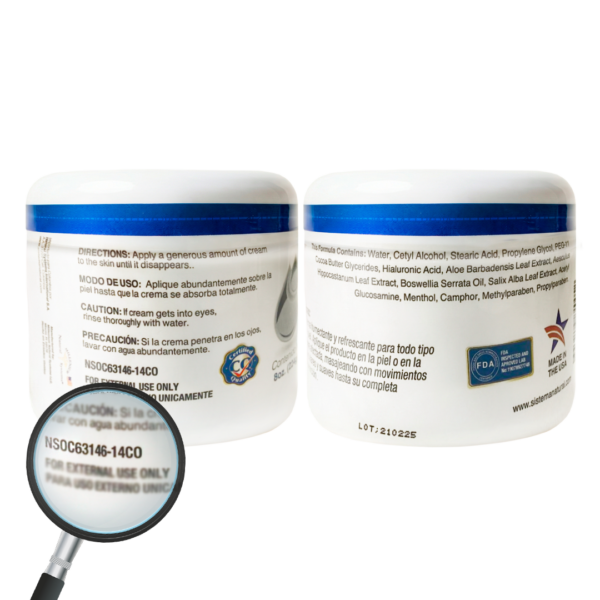 Dos frascos de Sorelief-Cream-3.4-Oz- Millenium-Natural-Systems mostrando la informacion sanitaria con una lupa