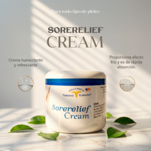Sorelief-Cream-3.4-Oz- Millenium-Natural-Systems frasco frontal en fondo beige claro elegante con luces de ventana y hojas de menta