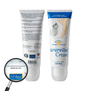 Dos botellas de Sorelief-Cream-3.4-Oz- Millenium-Natural-Systems mostrando la informacion sanitaria con una lupa