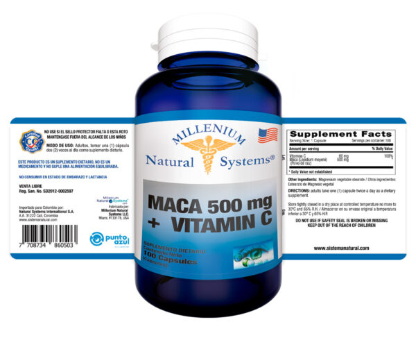 Maca 500 mg + Vitamin C x 100 Cápsulas Millenium Natural Systems