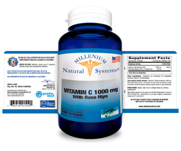 Vitamin C 1000 mg Rose Hips x 100 Softgels Millenium Natural Systems