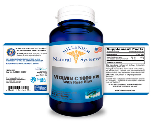 Vitamin C 1000 mg Rose Hips x 60 Softgels Millenium Natural Systems